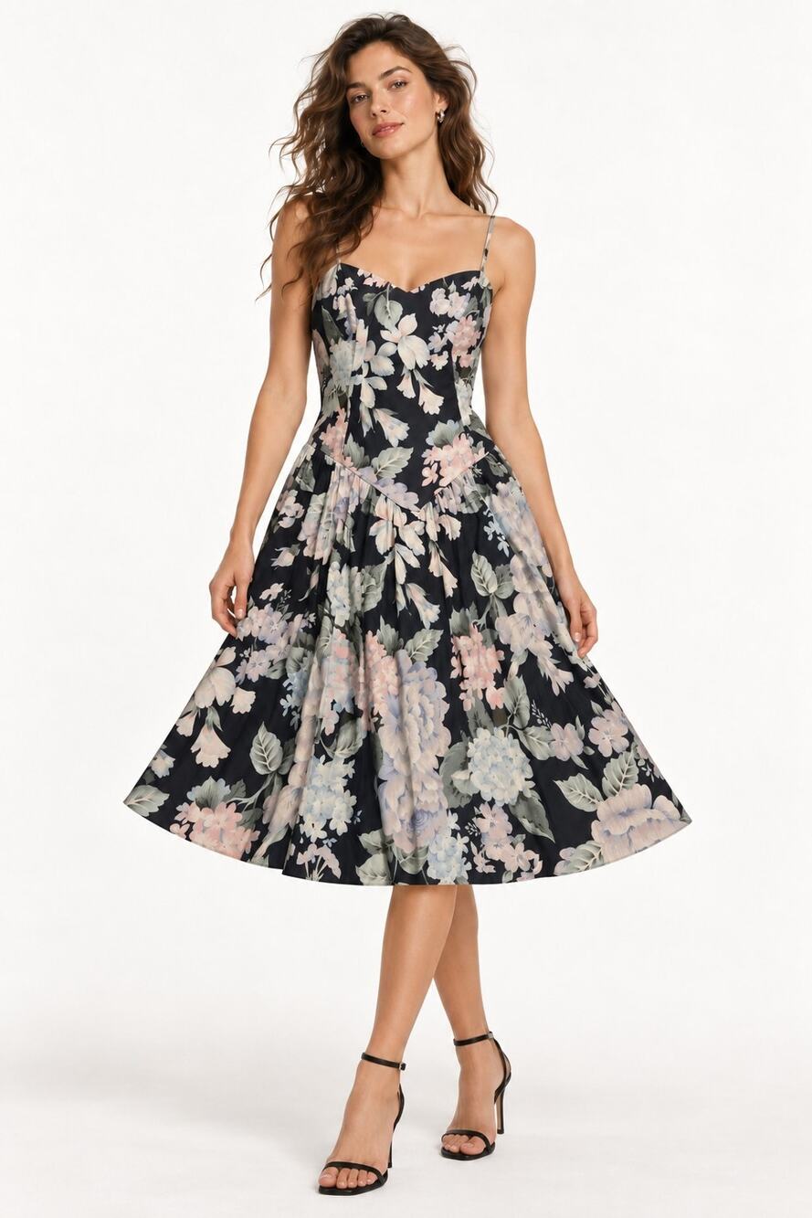 Vtg Y2K Steppin’ Out Floral Dress Black Sweetheart Neck Drop Waist Full Skirt 9